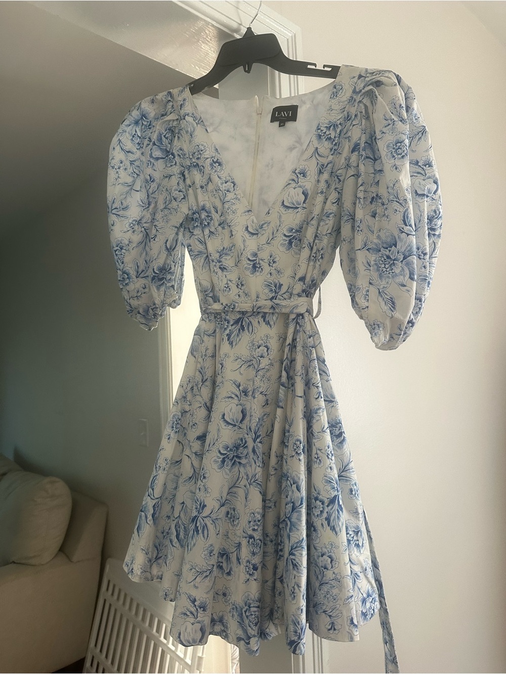 Lavi Couture Blue Floral Puff Sleeve Wrap Mini Dress